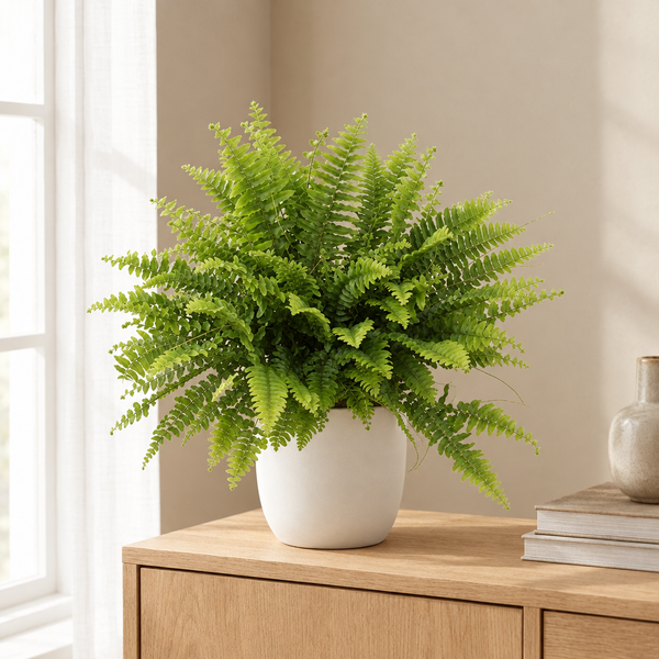 Nephrolepis Boston Green Moment in een sfeervolle, lichte woonkamer