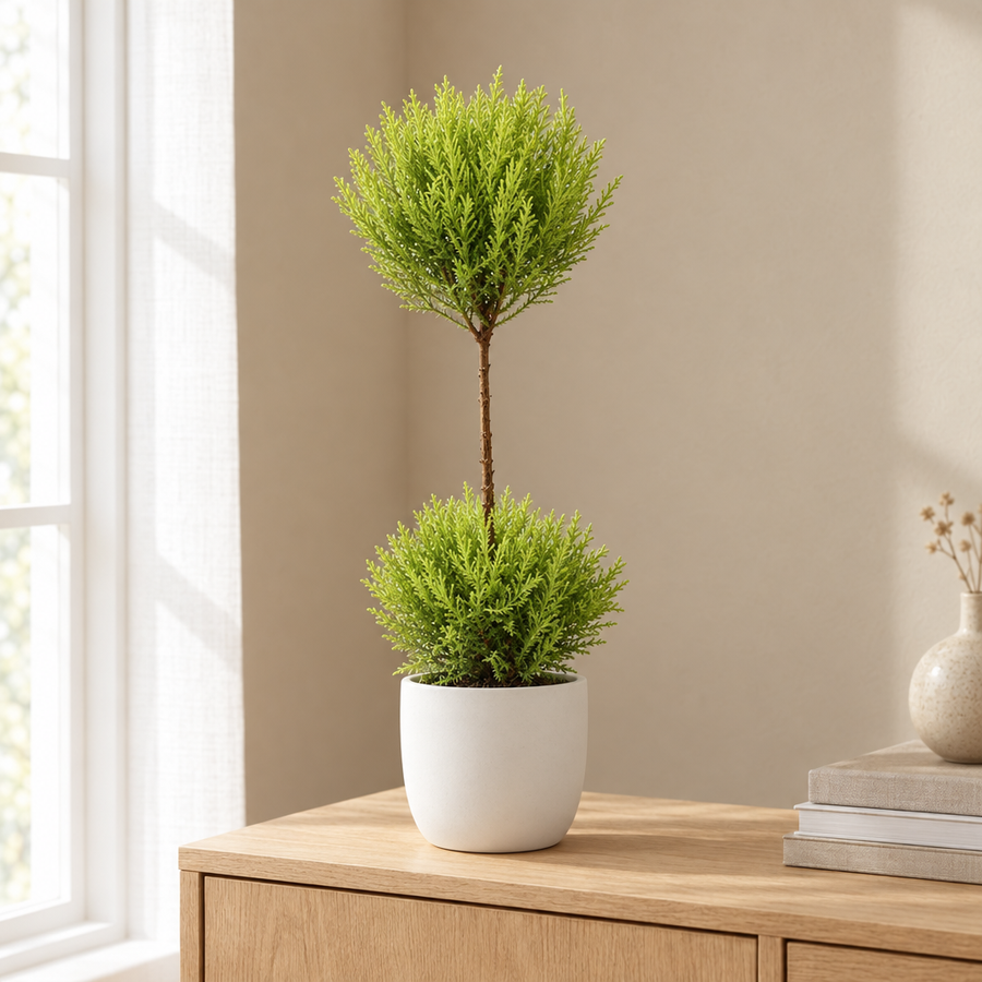 Cupressus Goldcrest Wilma in een sfeervolle, lichte woonkamer