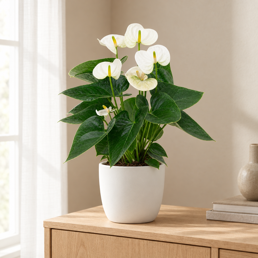 Anthurium White in een sfeervolle, lichte woonkamer