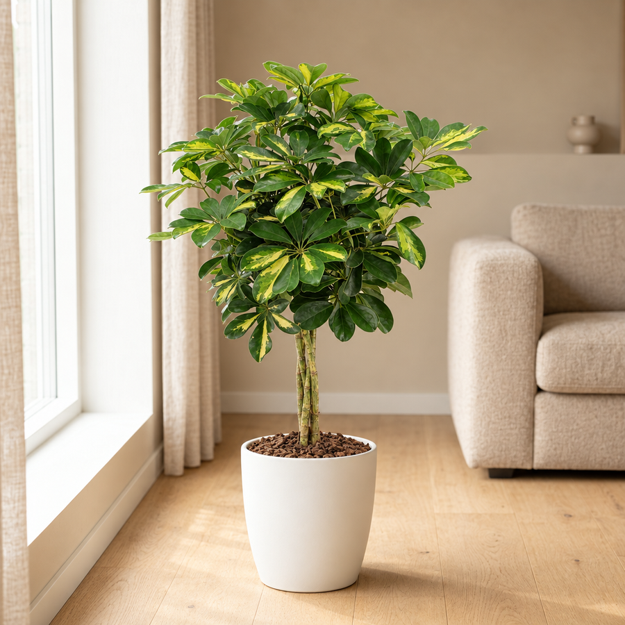 Schefflera Arboricola Gold Capella in een sfeervolle, lichte woonkamer