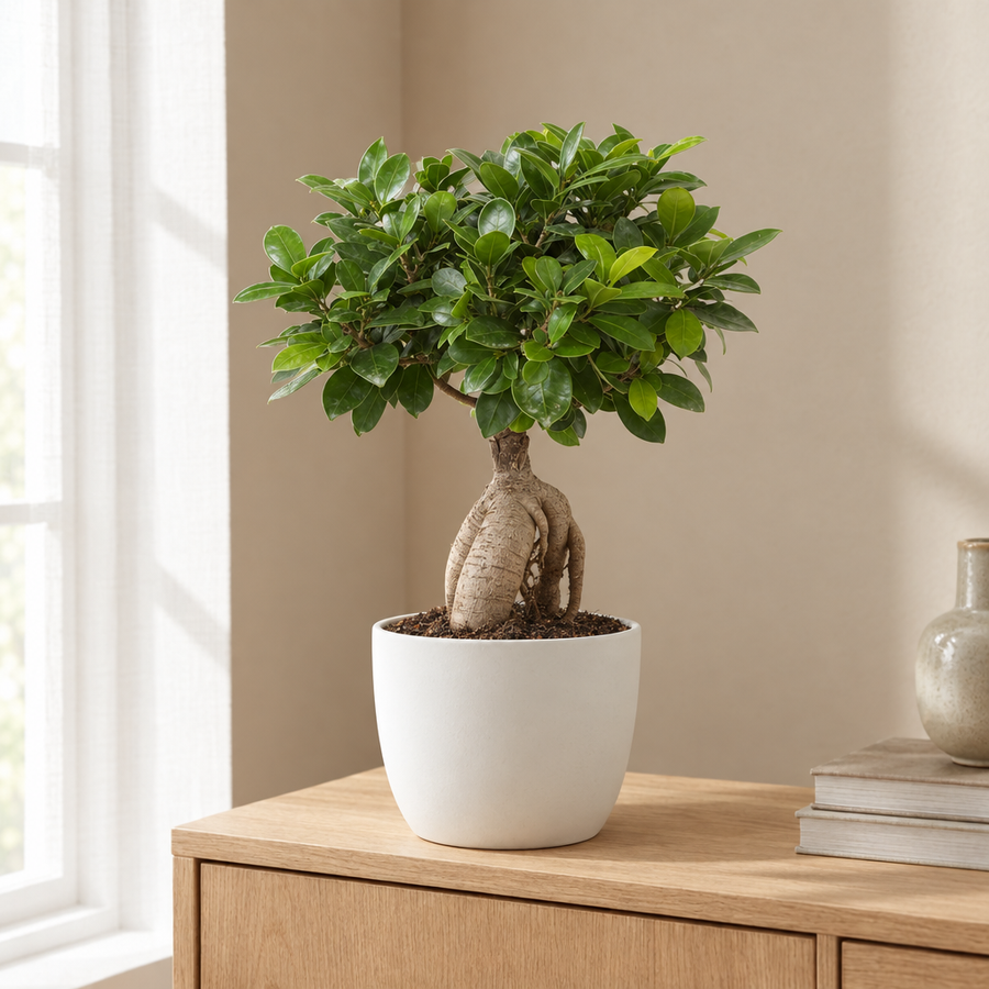 Ficus Ginseng in een sfeervolle, lichte woonkamer