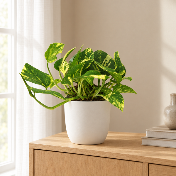 Scindapsus (Epipremnum) N'joy Gold in een sfeervolle, lichte woonkamer