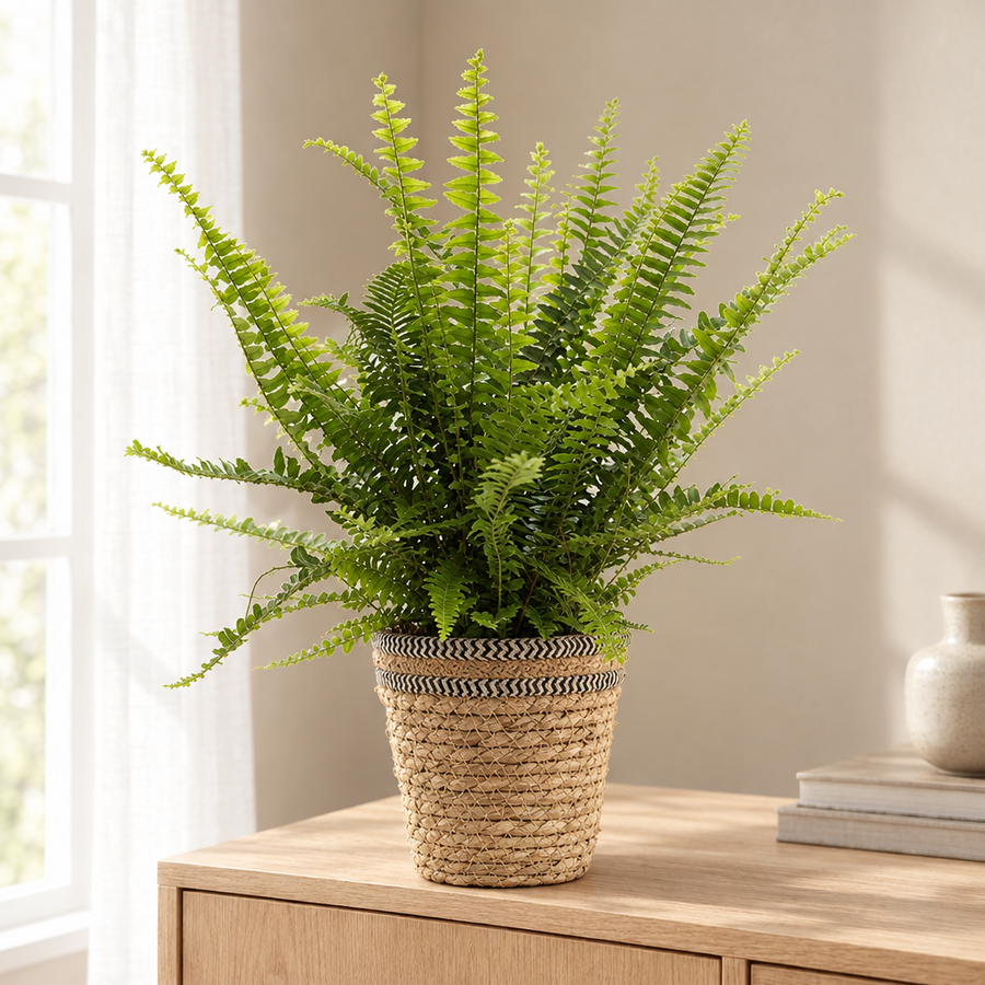 Nephrolepis Green Lady In P&PURE Basket in een sfeervolle, lichte woonkamer