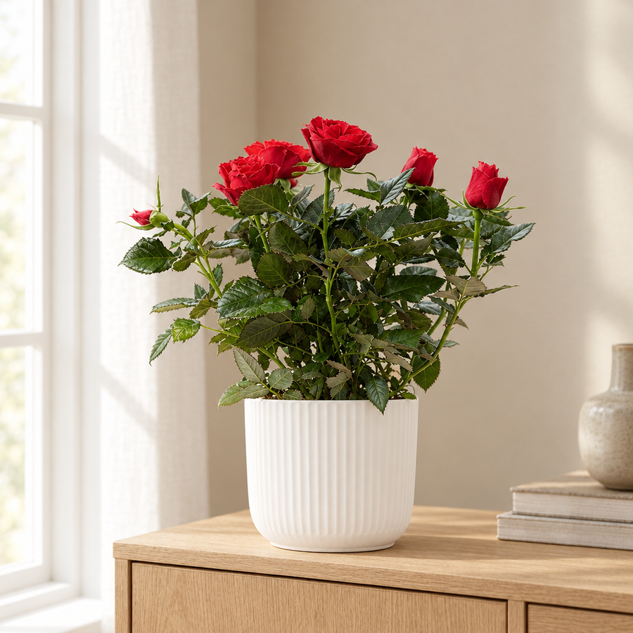 Rosa Red In P&PURE Sophie Ceramics White in een sfeervolle, lichte woonkamer