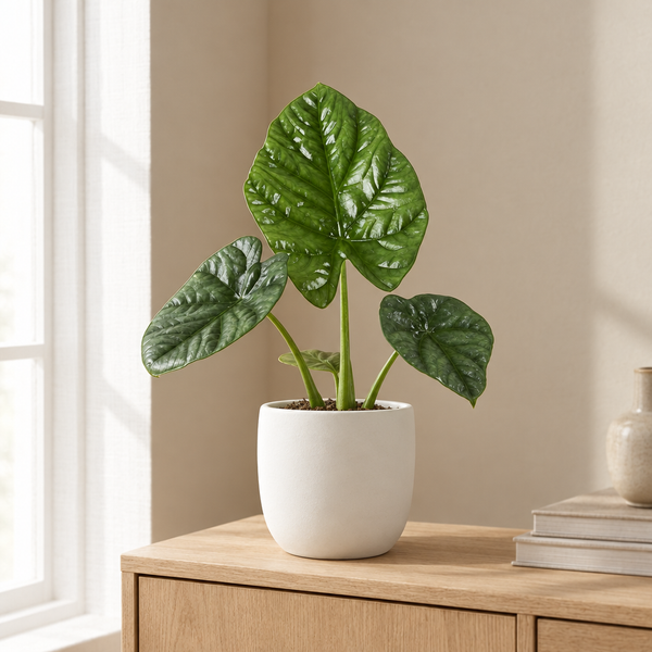 Alocasia Lukiwan in een sfeervolle, lichte woonkamer
