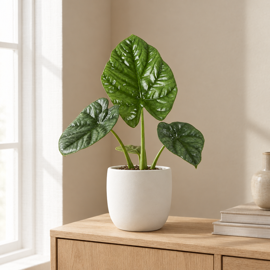 Alocasia Lukiwan in een sfeervolle, lichte woonkamer