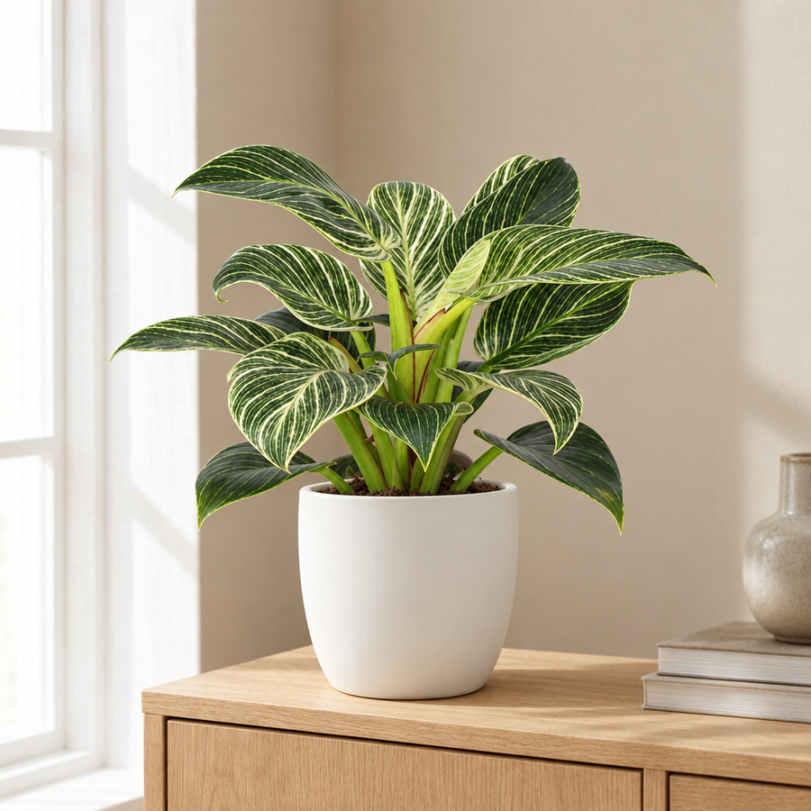 Philodendron Birkin in een sfeervolle, lichte woonkamer