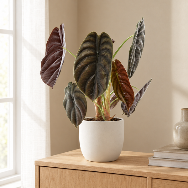 Alocasia Red Secret in een sfeervolle, lichte woonkamer