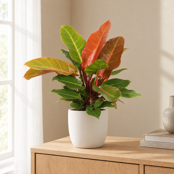 Philodendron Prince of Orange in een sfeervolle, lichte woonkamer