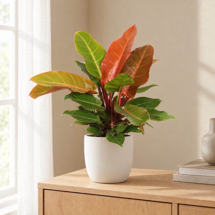 Philodendron Prince of Orange in een sfeervolle, lichte woonkamer
