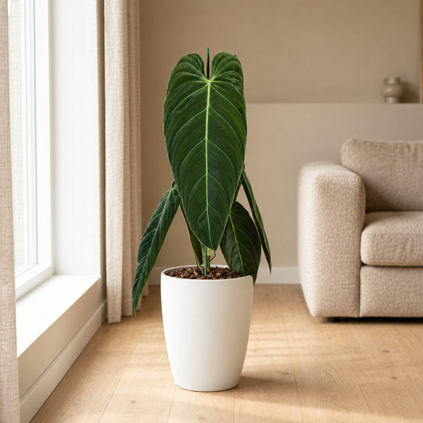 Philodendron Melanochrysum in een sfeervolle, lichte woonkamer