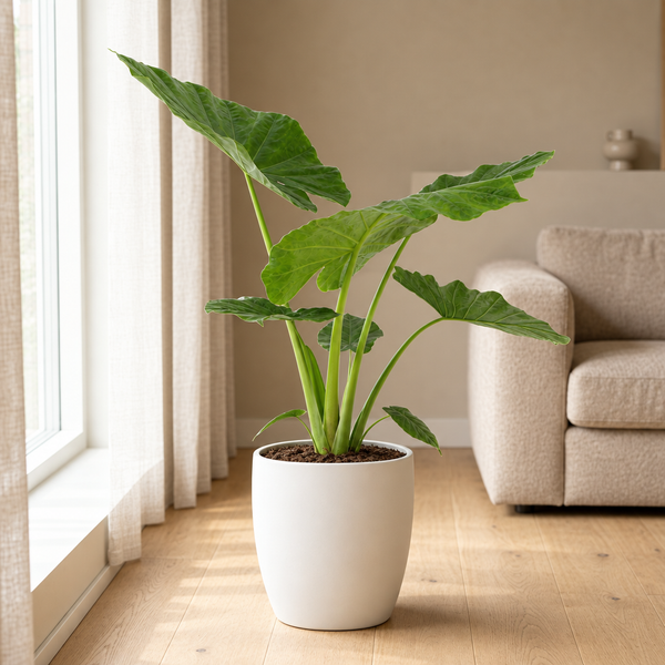 Alocasia Macrorrhiza in een sfeervolle, lichte woonkamer
