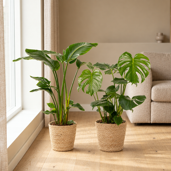 Strelitzia Nicolai en Monstera Deliciosa in Mand Selin in een sfeervolle, lichte woonkamer