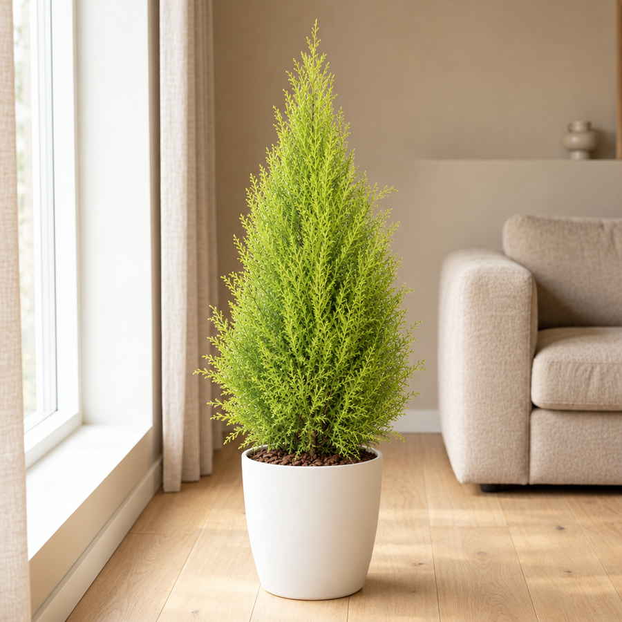 Cupressus Goldcrest Wilma Ø21cm in een sfeervolle, lichte woonkamer