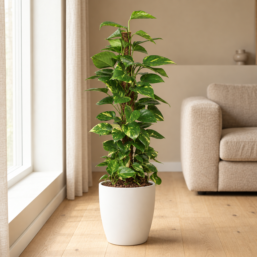 Epipremnum Pinnatum Mosstok Scindapsus Ø19cm in een sfeervolle, lichte woonkamer