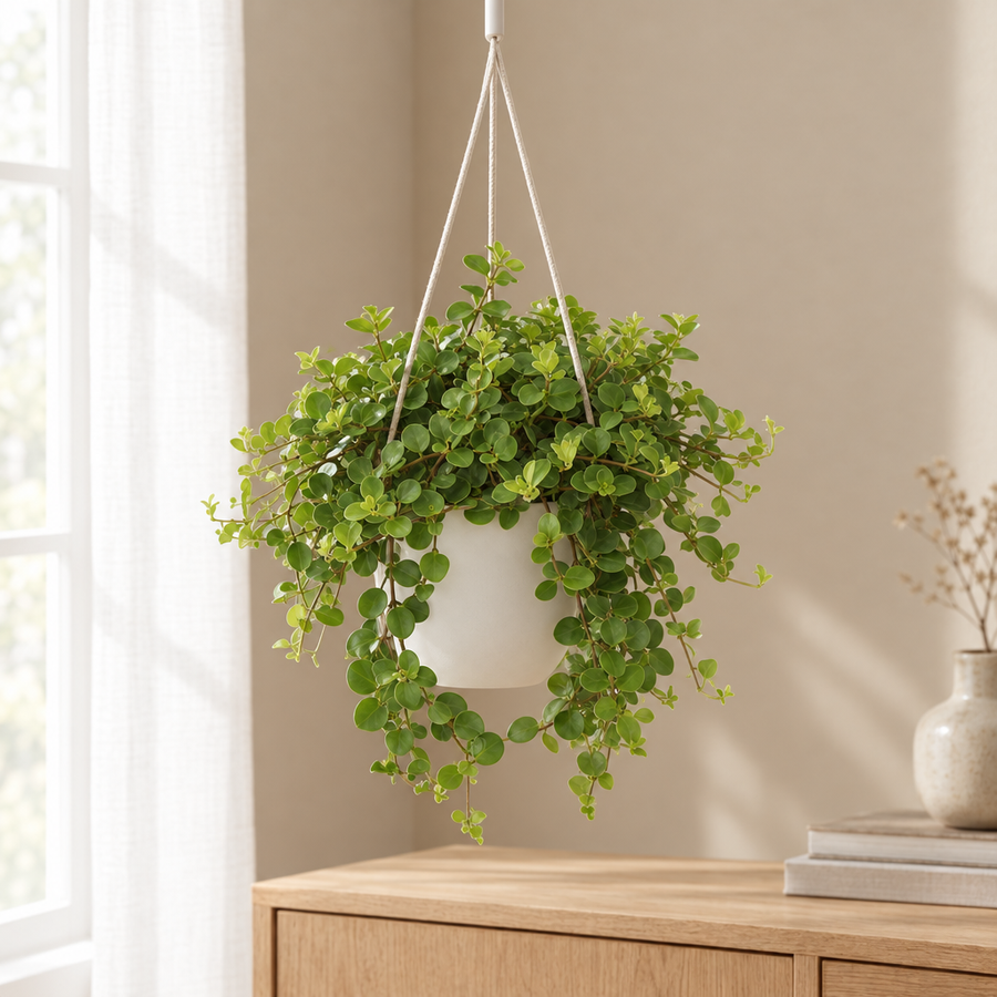 Peperomia Rotundifolia Ø15cm in een sfeervolle, lichte woonkamer