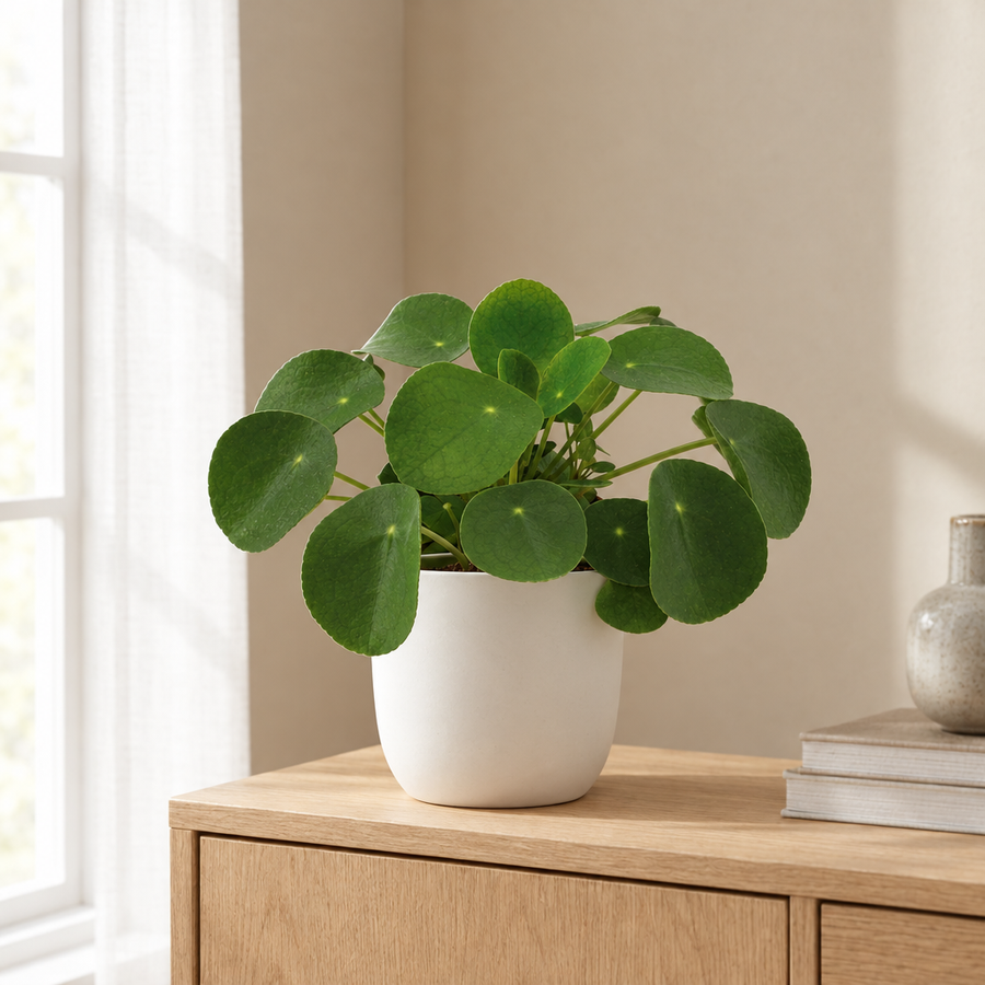 Pilea Peperomioides Ø11cm in een sfeervolle, lichte woonkamer