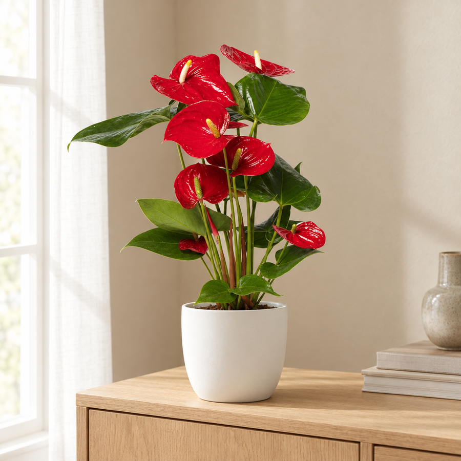 Anthurium Red Ø17cm in een sfeervolle, lichte woonkamer