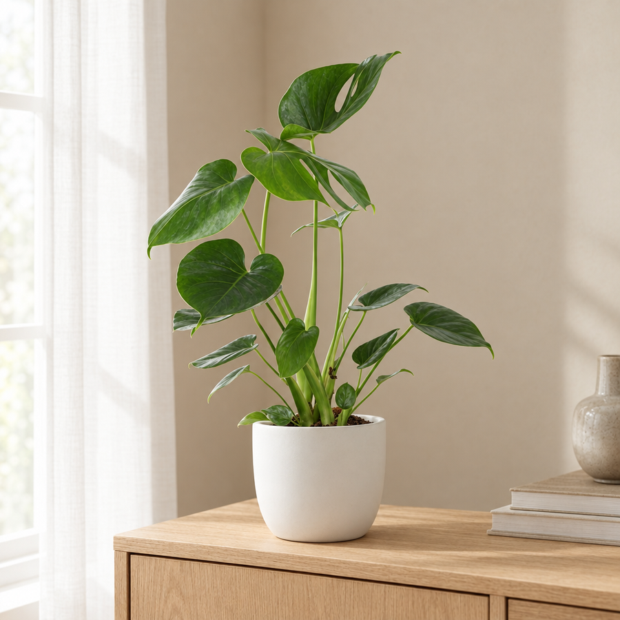 Monstera Deliciosa Ø14cm in een sfeervolle, lichte woonkamer