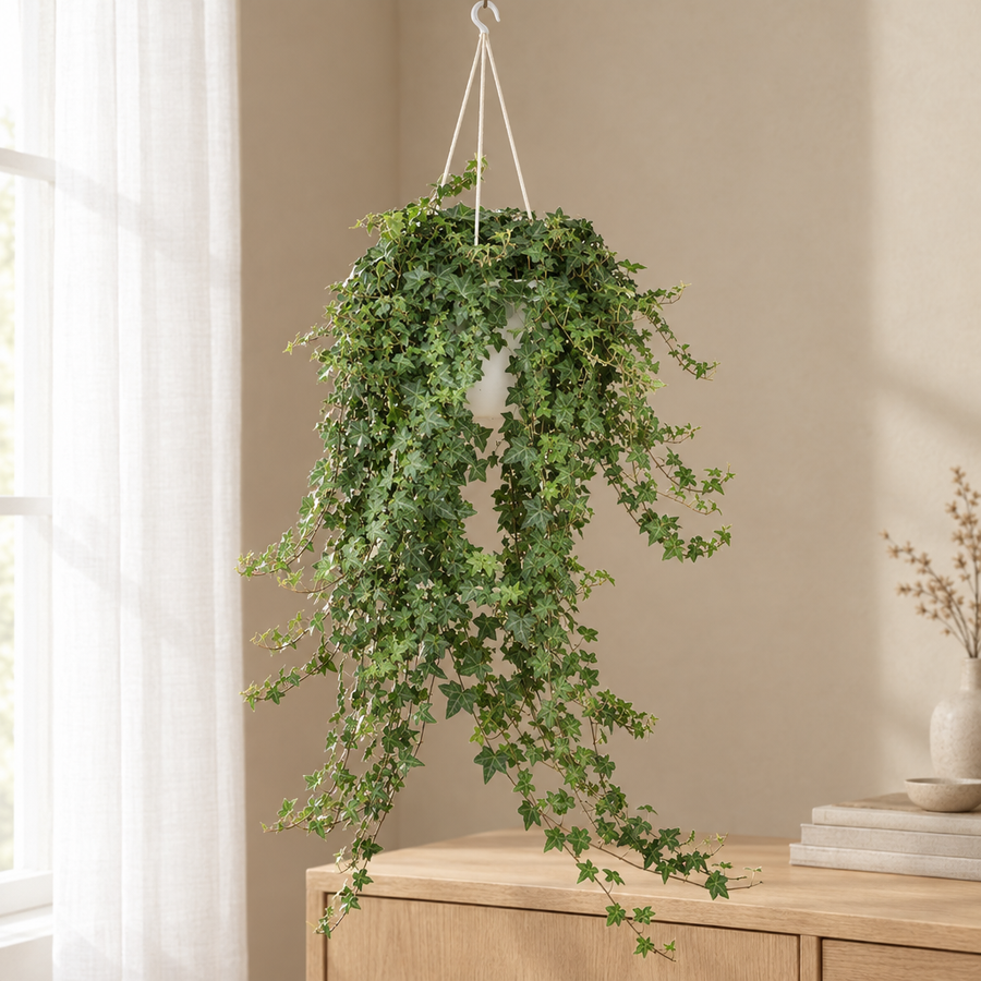 Hedera Helix Pitsburg Ø24cm in een sfeervolle, lichte woonkamer