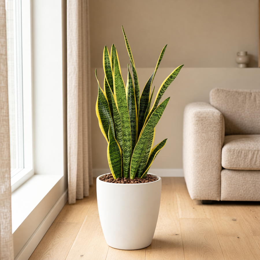 Sansevieria Trifasciata Laurentii Ø17cm in een sfeervolle, lichte woonkamer