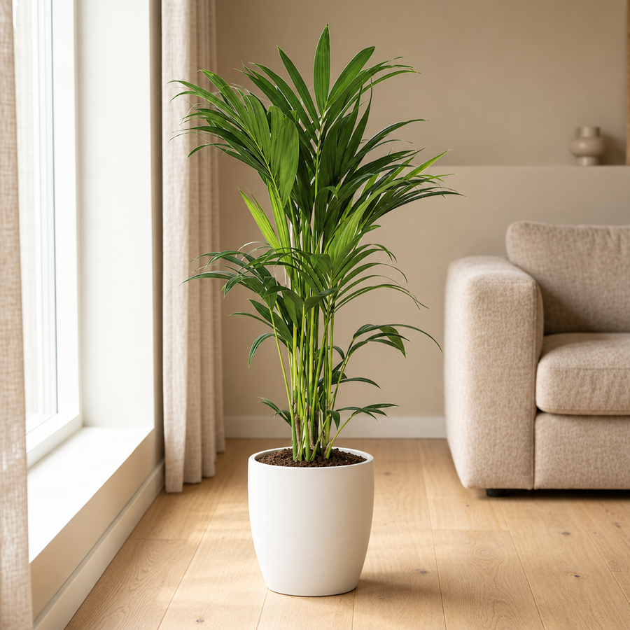 Howea Forsteriana Ø21cm in een sfeervolle, lichte woonkamer