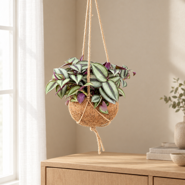 Kokedama Tradescantia zebrina hangend voor het raam in een lichte woonkamer