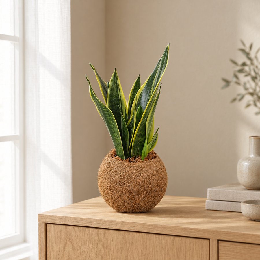 Kokedama Sansevieria superba staand op een eiken dressoir