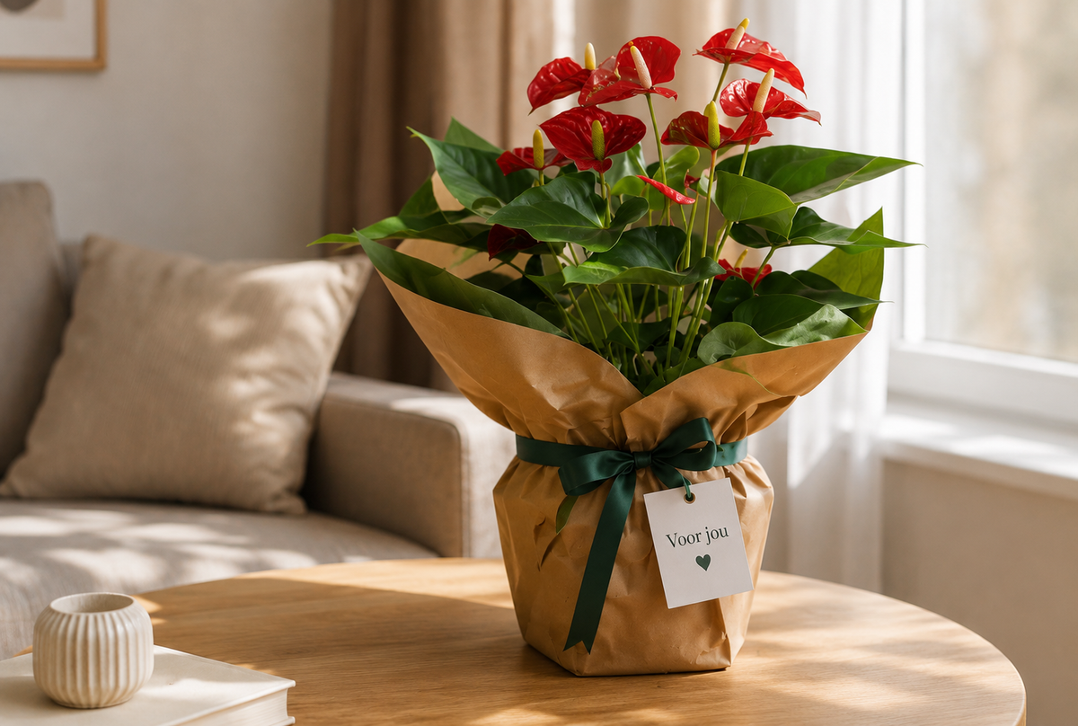 Ingepakte plant met een kaartje Voor jou op een salontafel