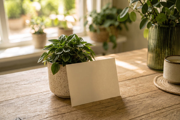Een kleine groene kamerplant in een cr&egrave;mekleurige keramische pot met een blanco kaartje ertegenaan