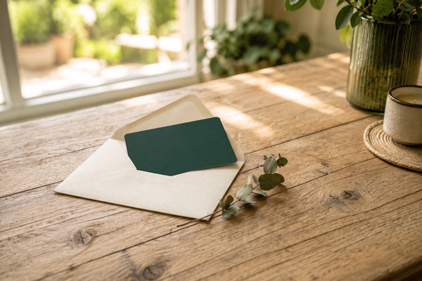 Een diepgroene cadeaubon in een cr&egrave;mekleurige envelop op een eikenhouten tafel, met een takje eucalyptus ernaast