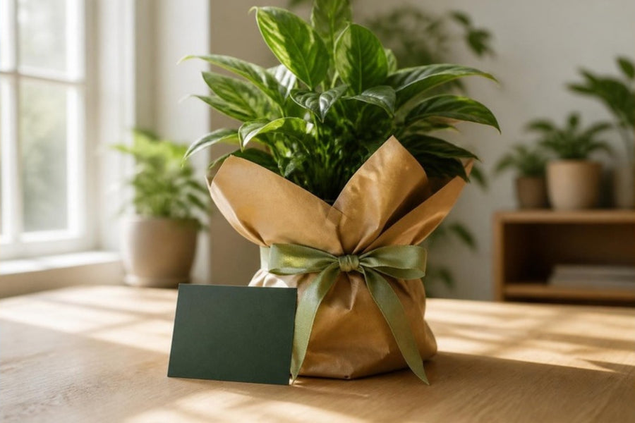 Een in kraftpapier ingepakte kamerplant met een groen lint op een eikenhouten tafel, met een donkergroene cadeaubon ertegenaan