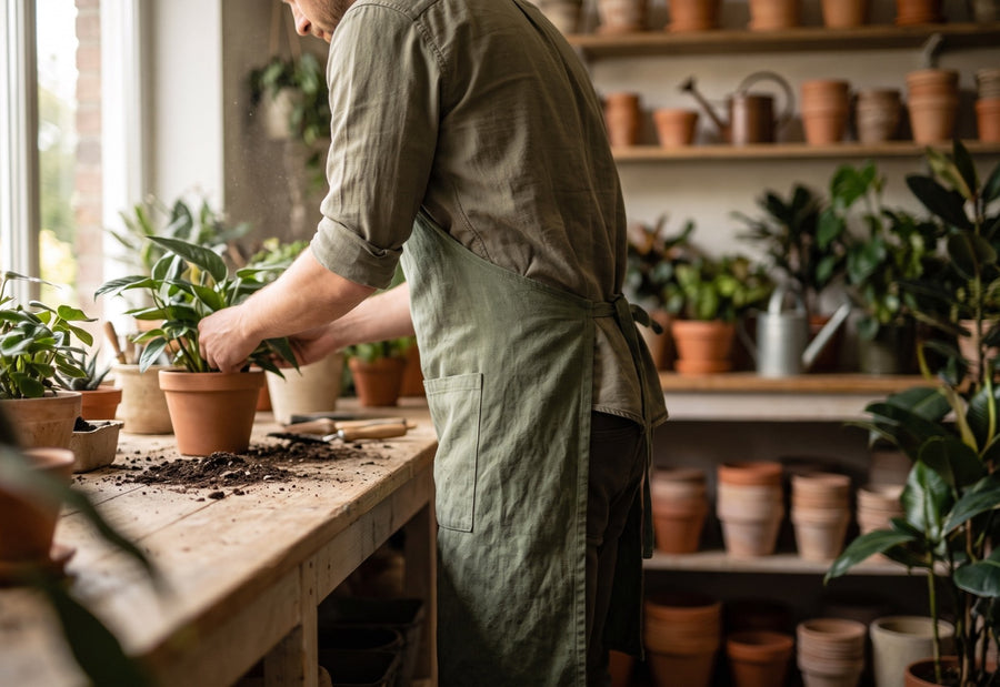 Een medewerker met een groen schort verpot een kamerplant aan een houten werkbank, met terracotta potten op de schappen erachter
