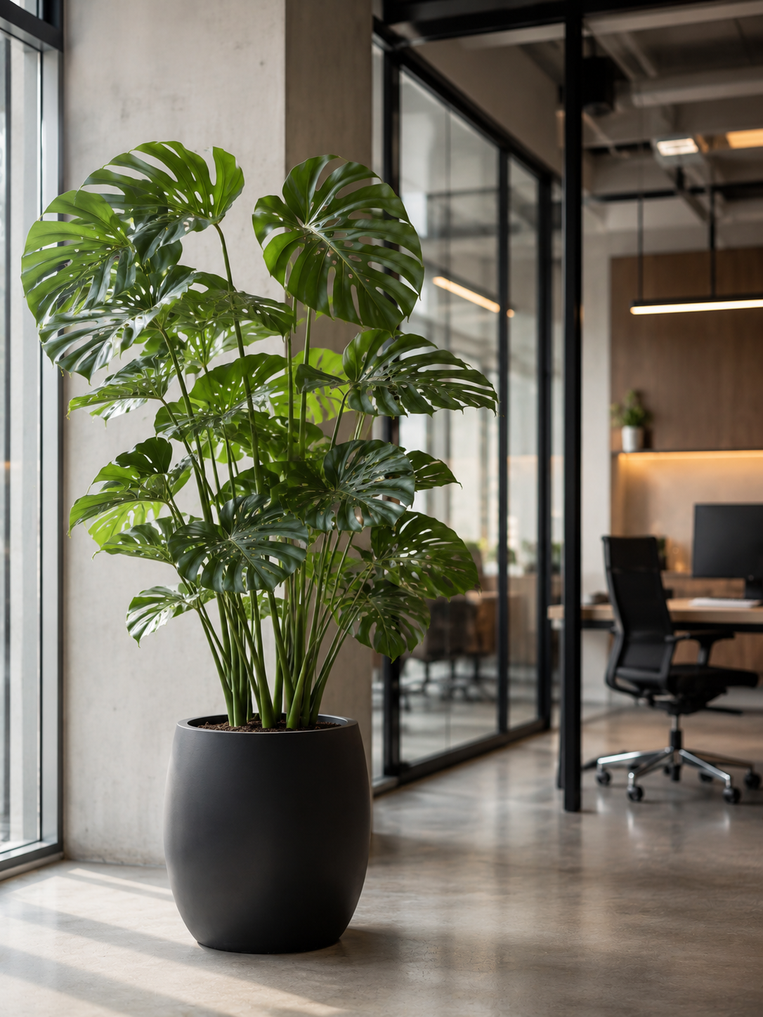 Grote Monstera in een donkere sierpot bij het raam van een modern kantoor